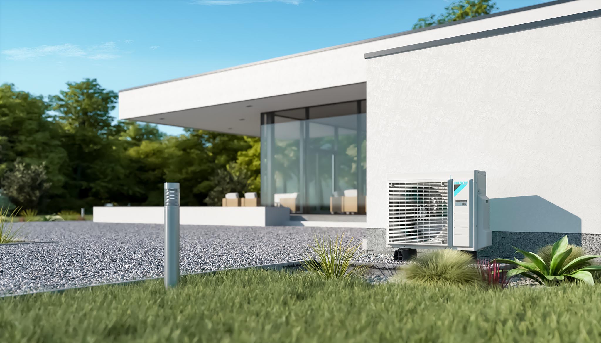 A living room with a mounted Daikin installation